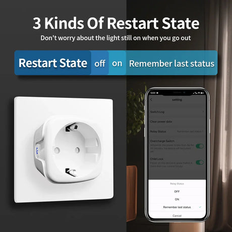 Smart power outlet with restart state options.