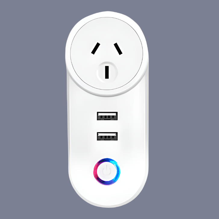 Smart power outlet with USB ports and a colorful LED indicator ring.