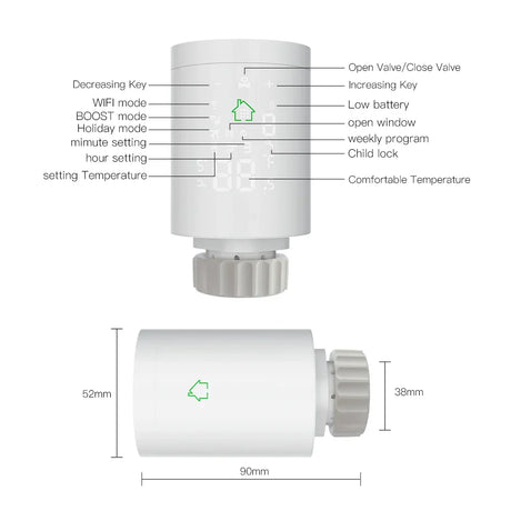 Smart radiator thermostat with dimensions.