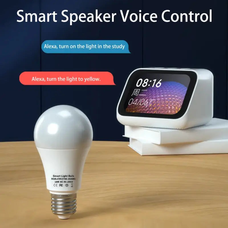 there is a smart speaker with a light bulb on a table