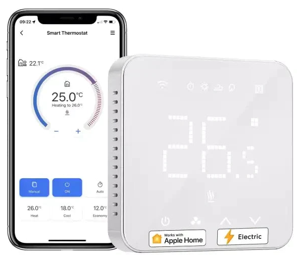 Smart thermostat with a companion smartphone app displaying temperature controls.