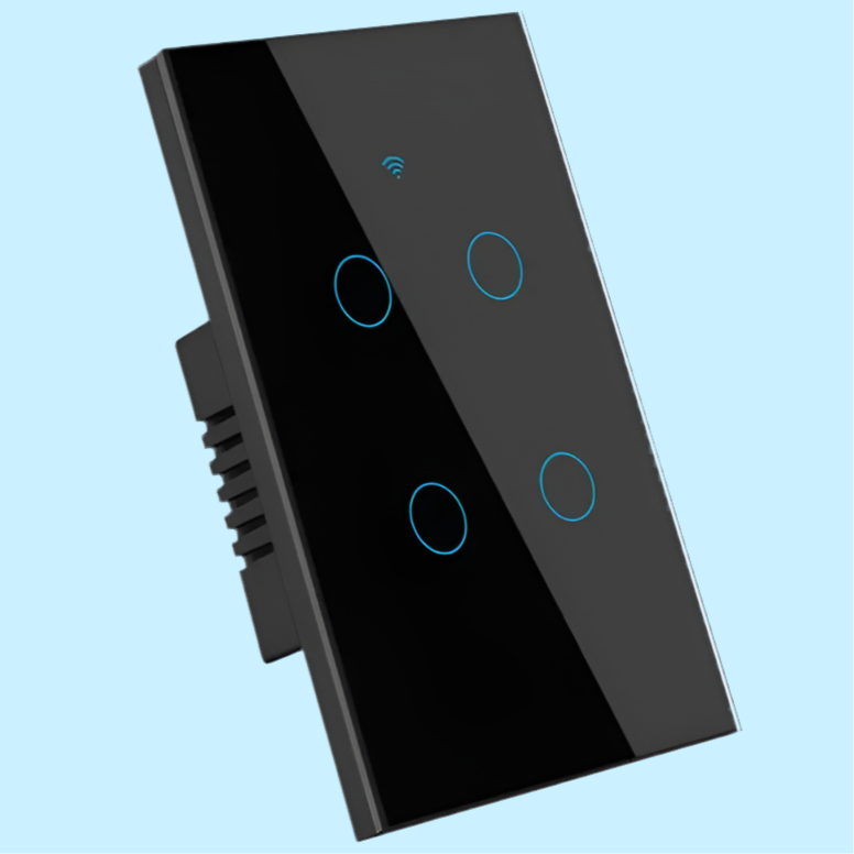 Smart touch-sensitive light switch panel with four circular buttons and a Wi-Fi indicator.