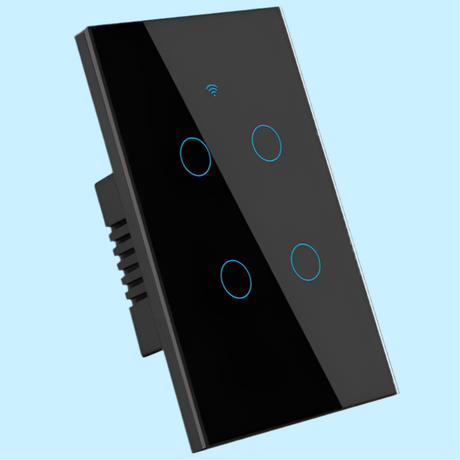 Smart touch-sensitive light switch panel with four circular buttons and a Wi-Fi indicator.