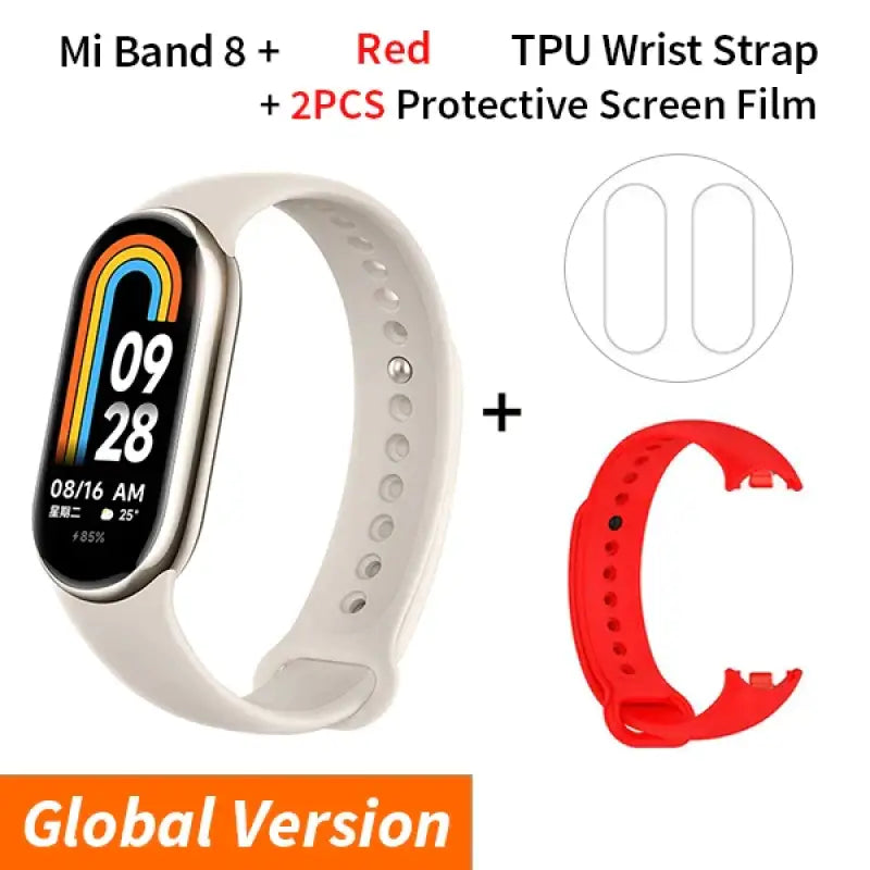 A smart watch with a red band and a white wristband