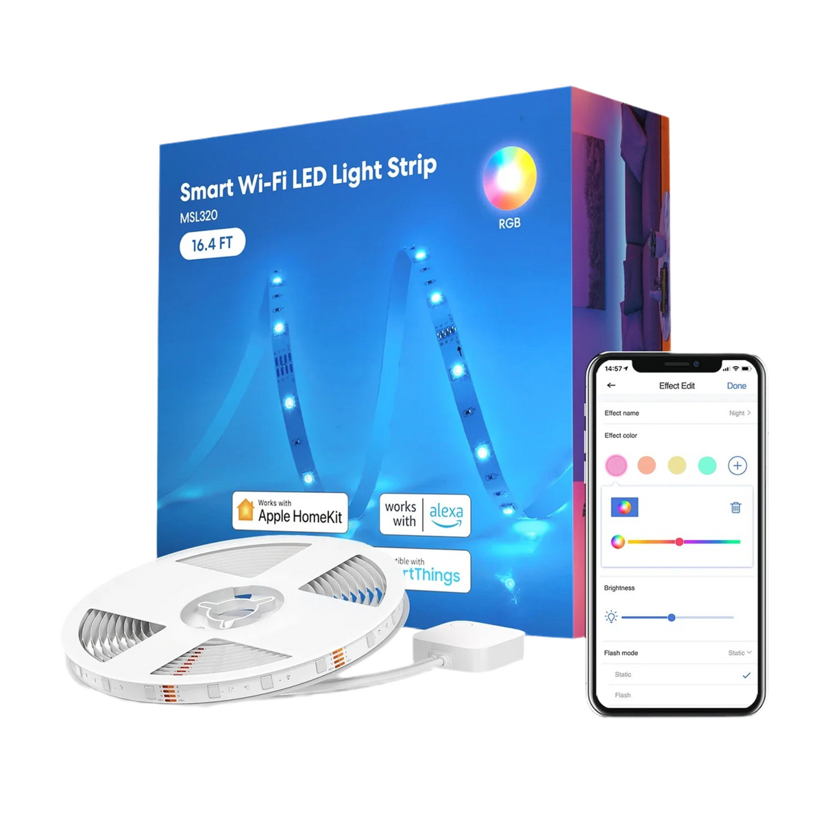 Smart Wi-Fi LED light strip with accompanying product box and smartphone app interface.