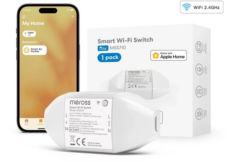 Smart Wi-Fi switch with accompanying smartphone displaying a home automation app interface.