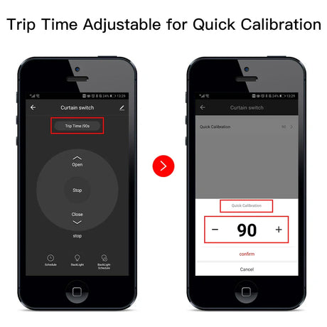 Smartphone app interface for curtain switch calibration.
