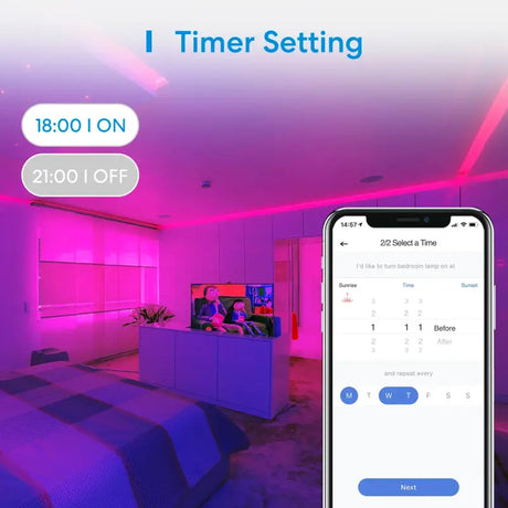 A smartphone with the app on it showing a room with a bed and a tv