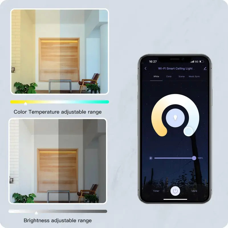 a smartphone with the app showing a window and a window with a light coming out