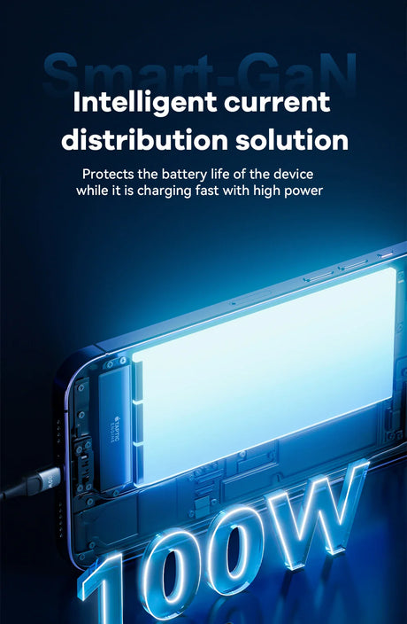 Smartphone battery with glowing ’100W’ text, highlighting intelligent current distribution technology.