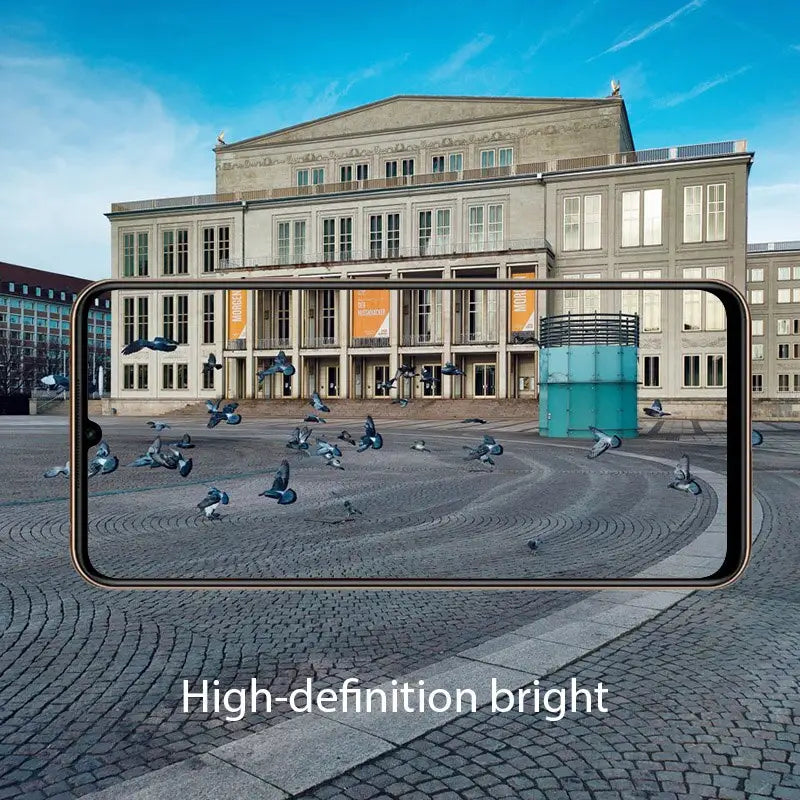 a smartphone with a picture of a building in the background
