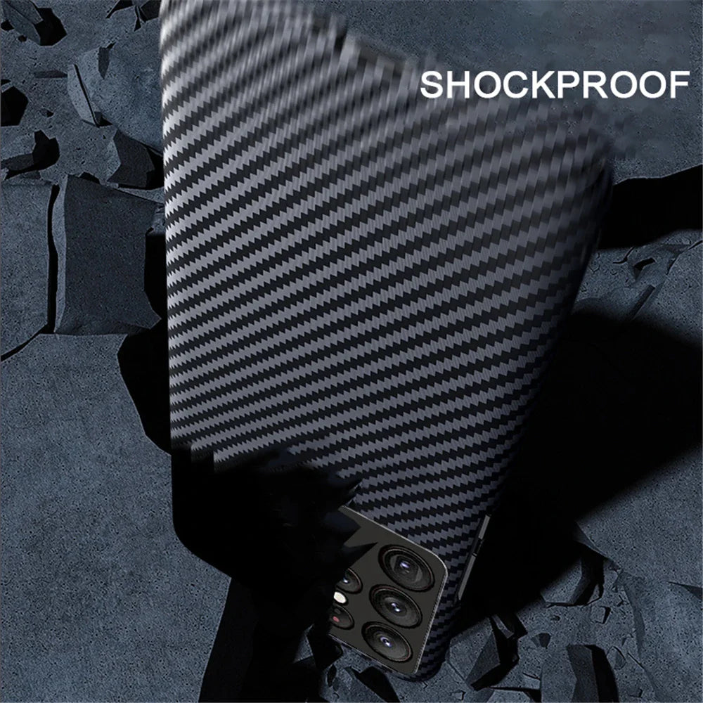 A smartphone with a black carbon fiber textured case featuring multiple camera lenses and ’SHOCKPROOF’ text.