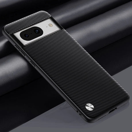 Smartphone with a black carbon fiber-textured case and prominent camera module.