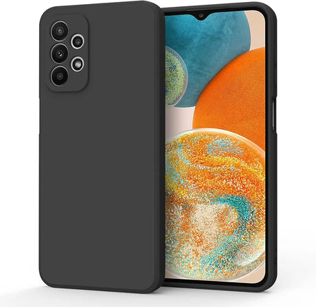 Smartphone with a black case and multiple rear cameras, displaying a colorful abstract wallpaper on its screen.