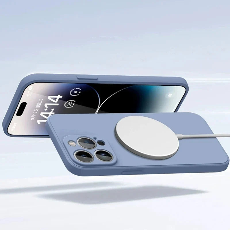 Smartphone with a blue case and attached circular charging pad.