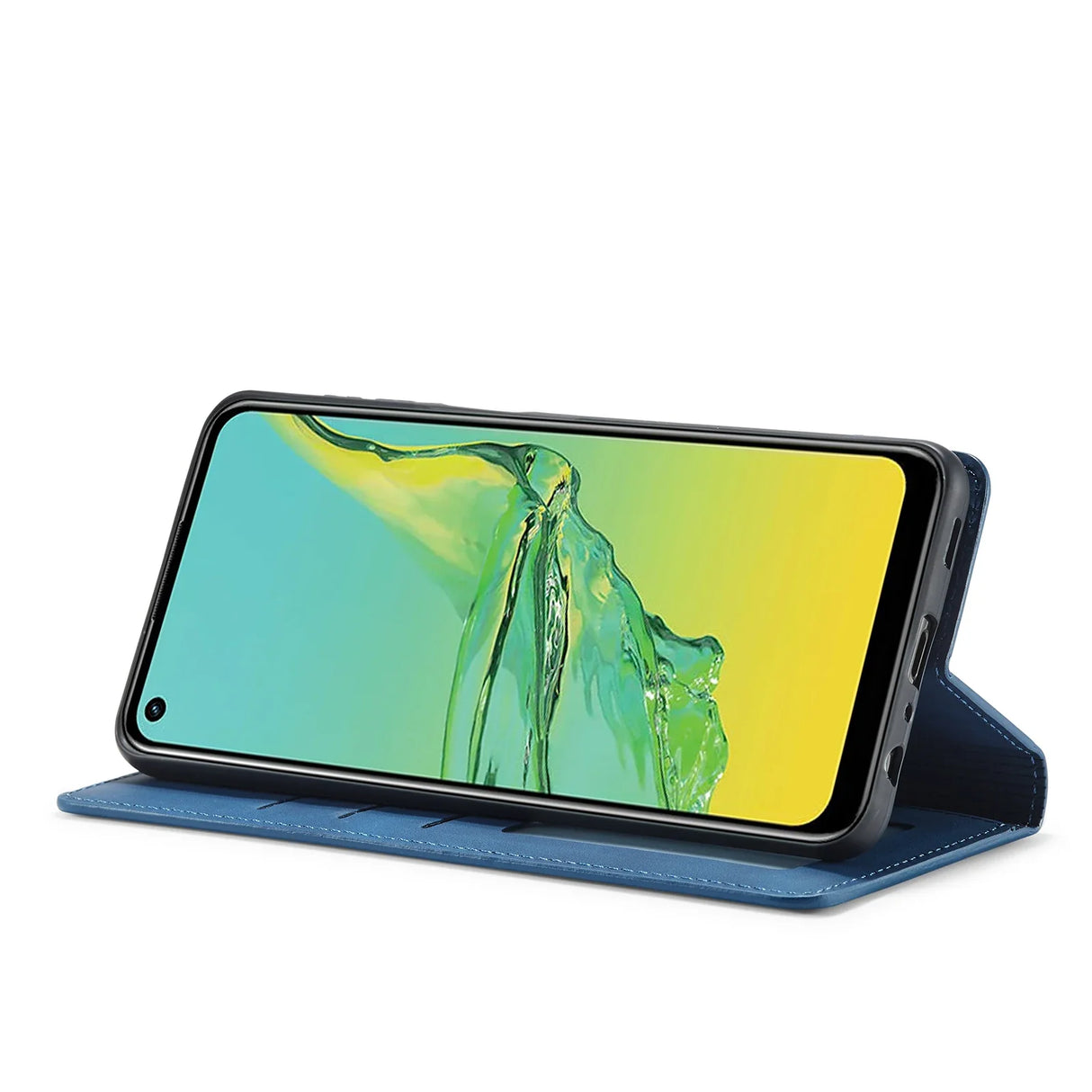 Smartphone with a blue folio case displaying a green and yellow abstract image on its screen.