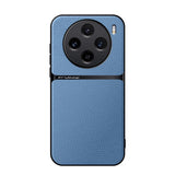 Smartphone with a blue leather-textured back panel and a circular quad-camera setup.