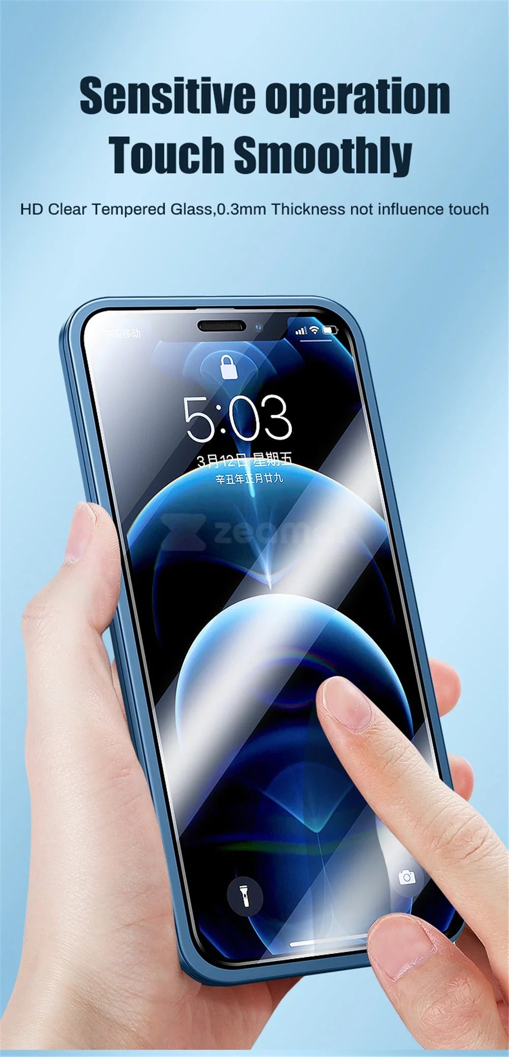 Smartphone with a blue protective case being operated by a hand.