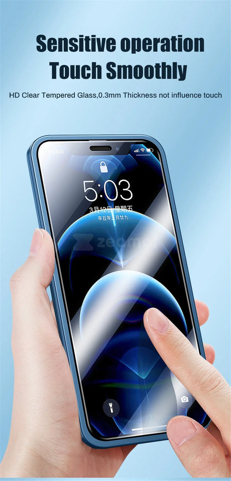 Smartphone with a blue protective case being operated by a hand.