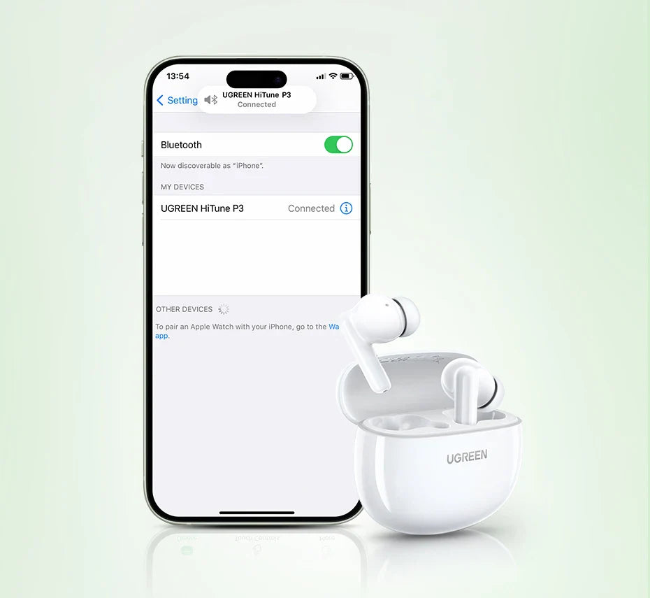 Smartphone displaying Bluetooth settings screen next to white wireless earbuds in a charging case.