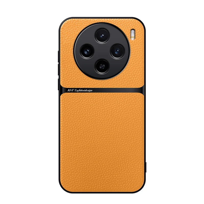 Smartphone with a bright orange leather-textured back panel and a circular quad-camera setup.