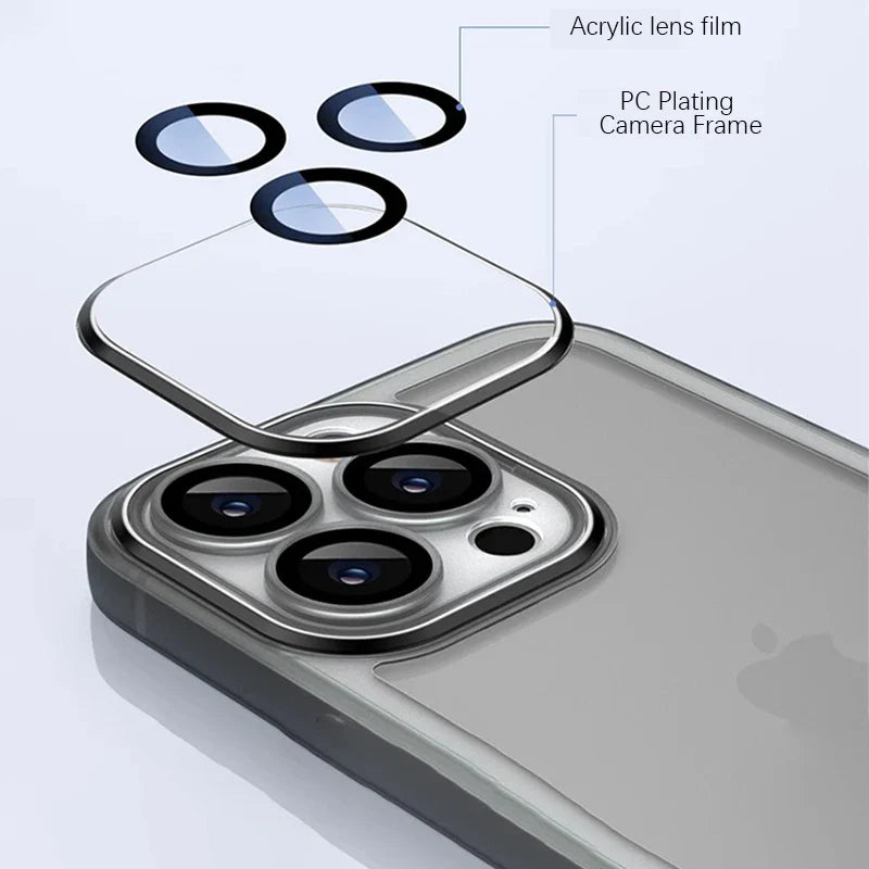 Smartphone camera module with three lenses and a protective acrylic film layer.