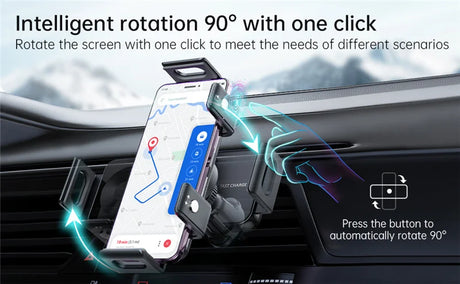 Smartphone car mount with 90-degree rotation capability.