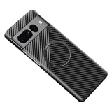 Smartphone with a carbon fiber-patterned case and prominent camera module.