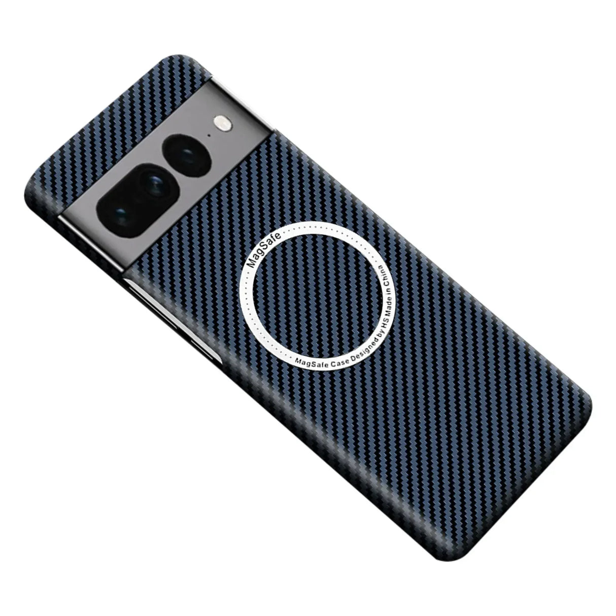 Smartphone with a carbon fiber-style case and circular wireless charging indicator.