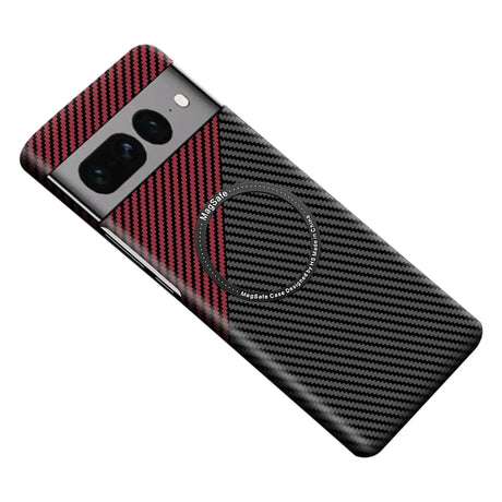 Smartphone with a carbon fiber-style case featuring red and black diagonal stripes and a prominent camera module.