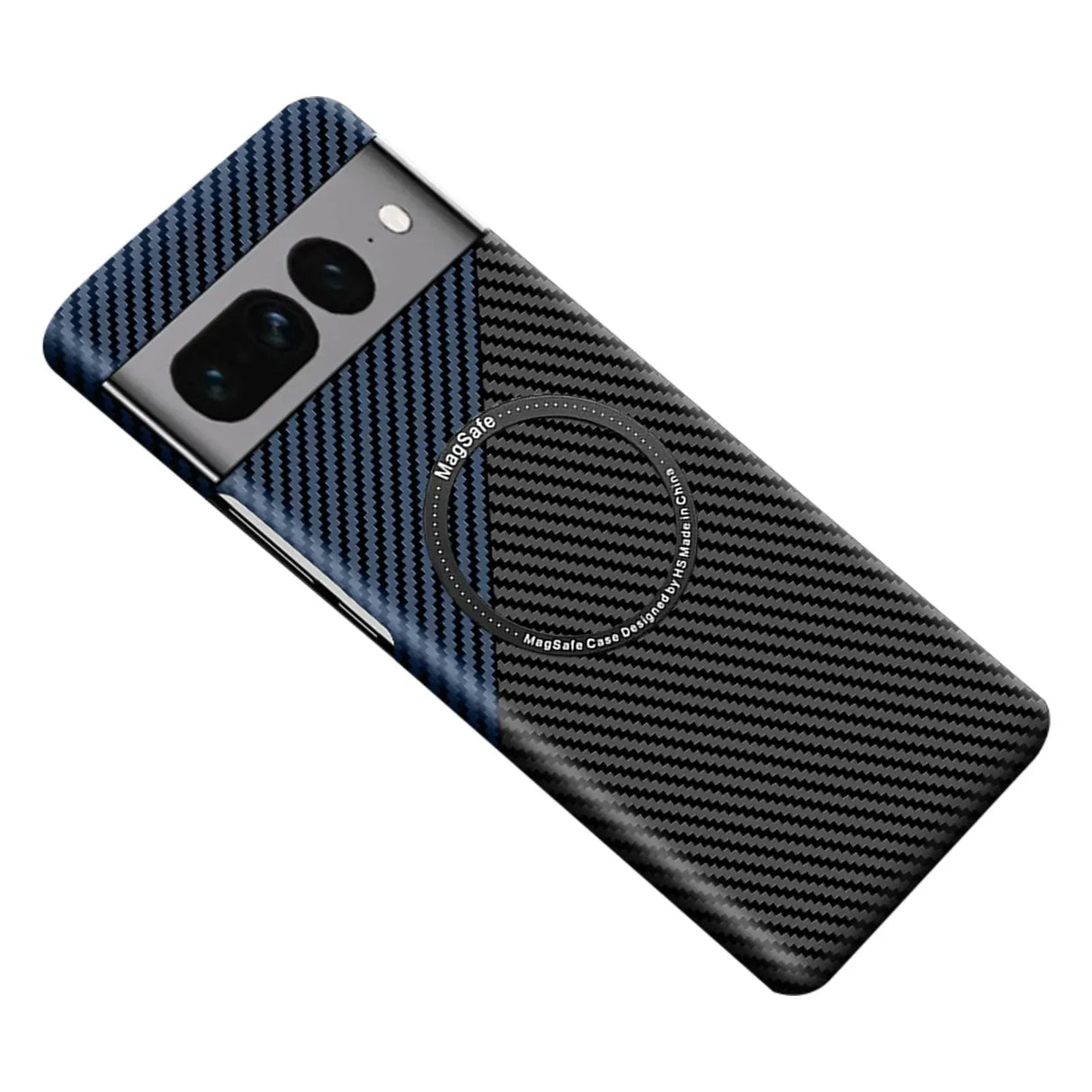 Smartphone with a carbon fiber-textured case and dual rear cameras.