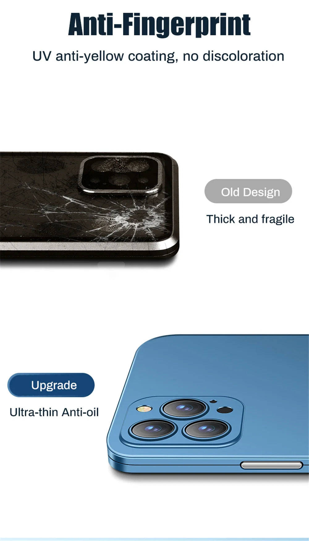 Smartphone case with anti-fingerprint coating and shatter-resistant properties.