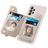 Smartphone case with attached wallet featuring card slots and photo holders.