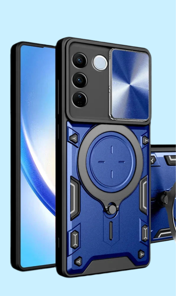 Smartphone case with a blue circular design and integrated stand.