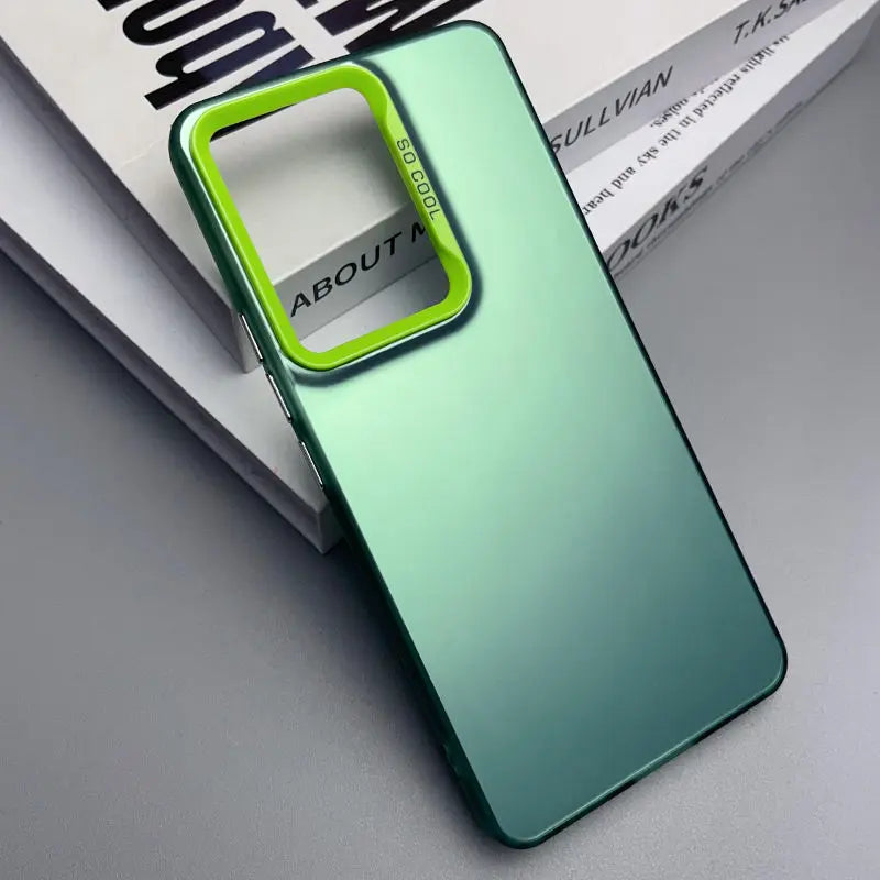 Smartphone case with a bright green camera cutout and ’ABOUT’ text visible.