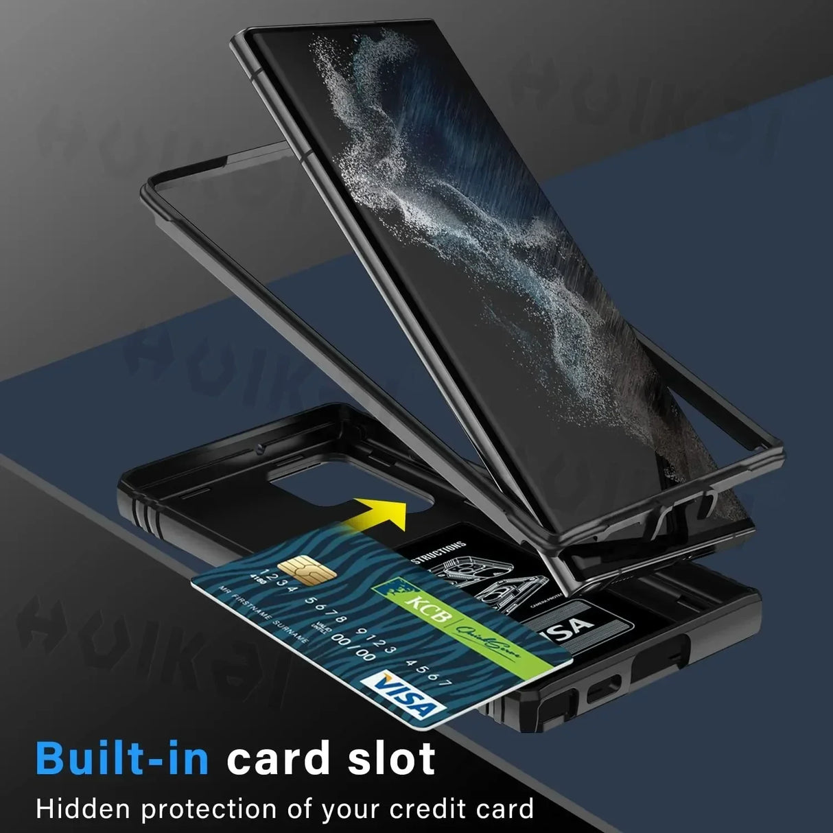 Smartphone case with a built-in hidden card slot for storing credit cards.