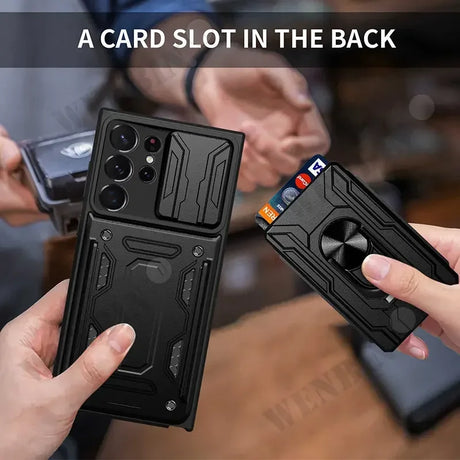 Smartphone case with a built-in card slot and rugged design.