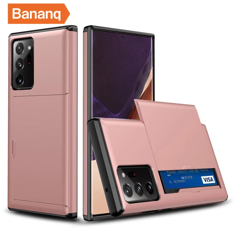 Smartphone case with a built-in card slot, shown in rose gold color.