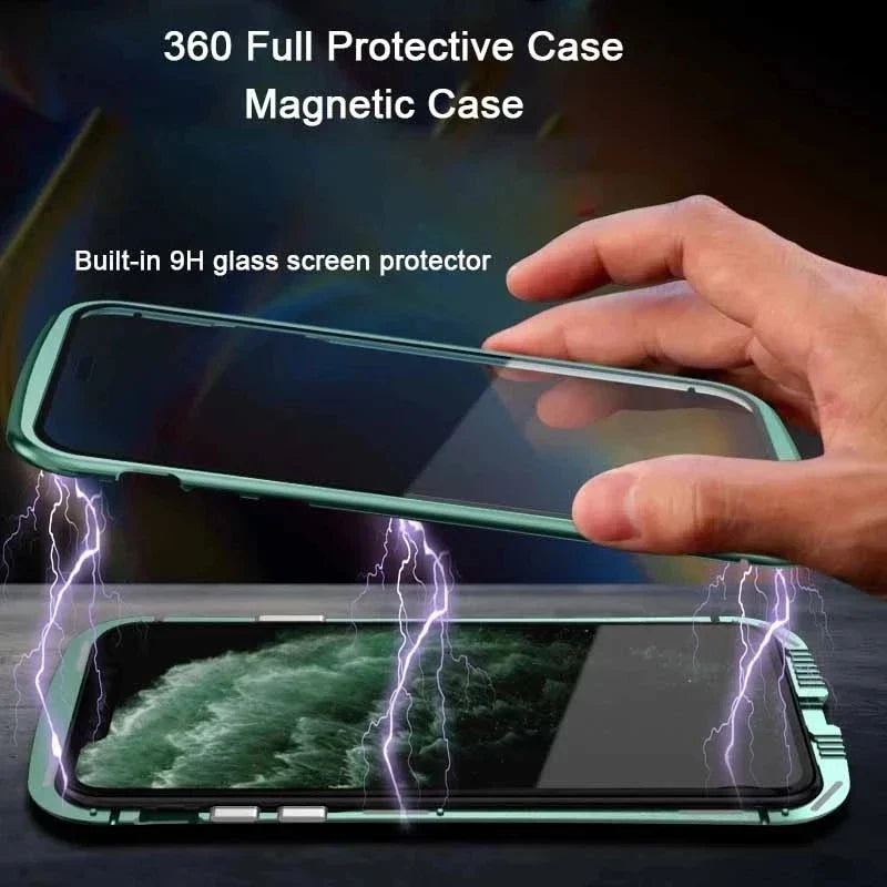 Smartphone case with built-in glass screen protector and magnetic attachment.