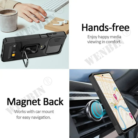 Smartphone case with a built-in kickstand and magnetic back for car mounting.