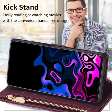 Smartphone case with a built-in kickstand featuring a colorful abstract design on the screen.