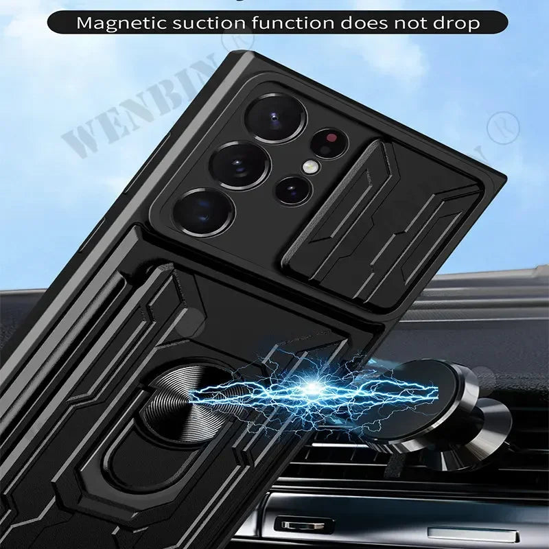 Smartphone case with a built-in magnetic mount attached to a car dashboard.