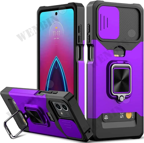 Smartphone case with a built-in ring holder and card slot in purple and black colors.