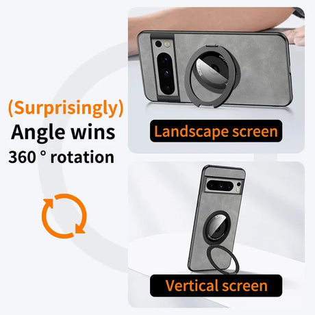 Smartphone case with a built-in rotating ring stand for versatile viewing angles.