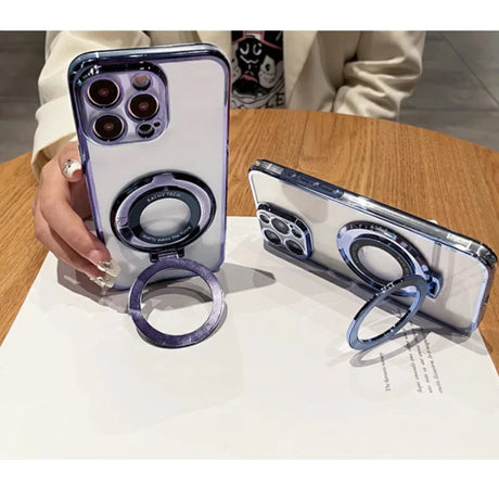 Smartphone case with a built-in ring holder and multiple camera lenses.