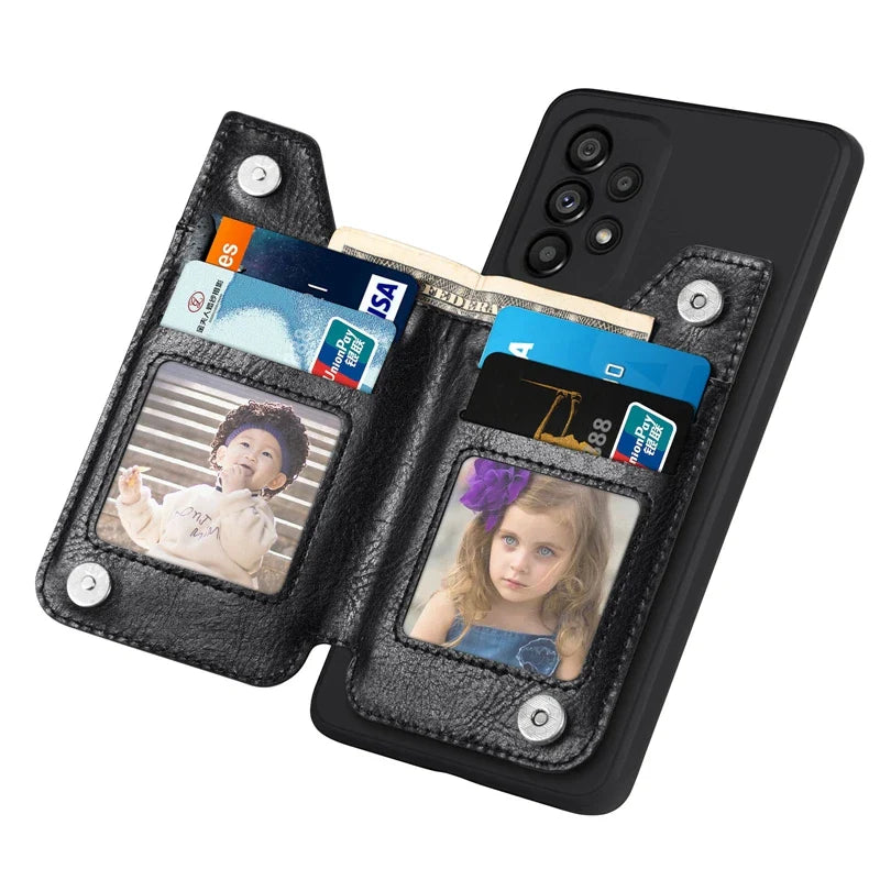 Smartphone case with built-in wallet featuring card slots and photo holders.