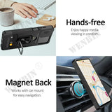 Smartphone case with a built-in kickstand and magnetic back for car mounting.