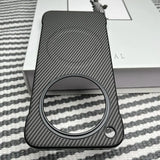 A smartphone case with a carbon fiber texture and a large circular cutout for the camera module.