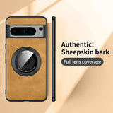 Smartphone case with a circular camera lens design and sheepskin bark texture.