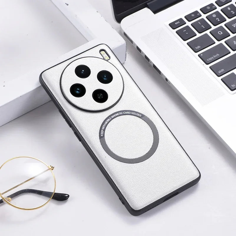 Smartphone case with a circular camera array and magnetic charging ring.